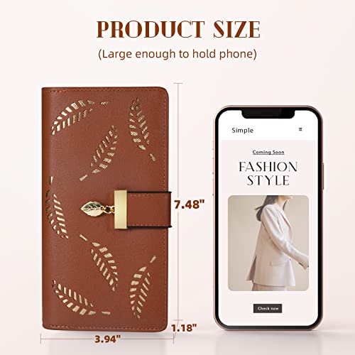 Image of Sweet Cute Chocolate Women's Long Leaf Bifold Wallet Leather Card Holder Purse Zipper Buckle Elegant Clutch Wallet Handbag for Women - Brown