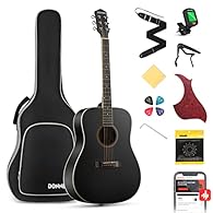 BLACK RIGHT-HAND ACOUSTIC GUITAR KIT:Donner acoustic guitar kit includes acoustic guitar, padded gig bag, strap, digital clip-on tuner, capo, pickguard, extra pack of string, 4 picks, clean cloth and Allen wrench. Comes with all necessary accessories...