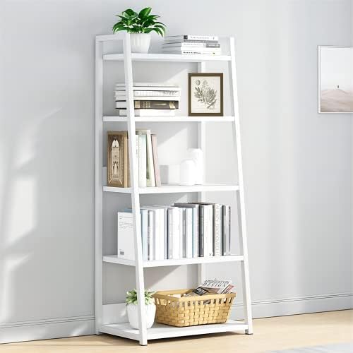 IOTXY 5 Tier Open Bookshelf – Steel and Wood Display Stand, 50CM Width Floor-Standing Bookcase, White