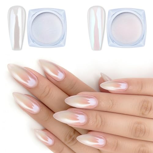 Artdone 2 Jars Chrome Nail Powder White and Red Pearl, Iridescent Aurora Powder Metallic Mirror Effect Pigment Pearlescent Mermaid Pearl Dust Kit, Decoration Acrylic Resin Craft