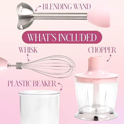 Image of Paris Hilton Hand Blender Set, 3-in-1 Immersion Blender with Whisk, Blending & Chopper Attachments, 400W High Speed, Pink with Gold Accents, Handheld Blender for Smoothies, Soups, Sauces, Cream, Pink