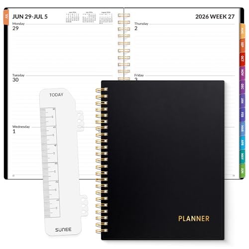 SUNEE Academic Planner 2026-2027 – Weekly & Monthly Planner, July 2026 to June 2027, 6.4'x8.3', Thick Paper, Tabs, Pockets, Bookmark, Spiral-Bound, Student Teacher Organizer, Black