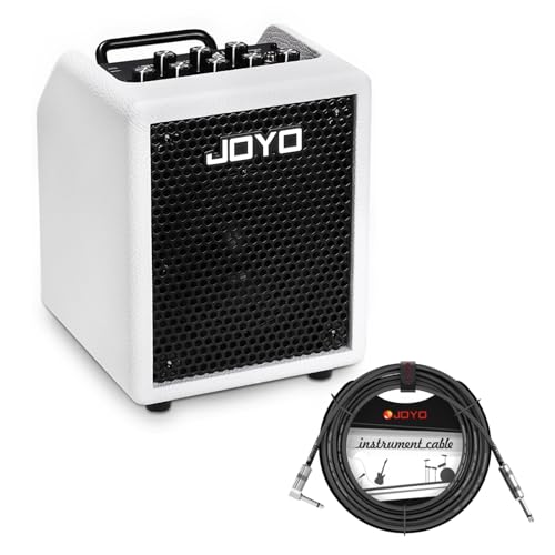 JOYO 30W Portable Bass Guitar Combo Amp with 4 in Speaker 3 Band EQ Compressor Bluetooth 5.1 OTG Recording Headphone Output BA-30 WH and 15 ft 1/4 in Right Angle Instrument Guitar Cable CM-12