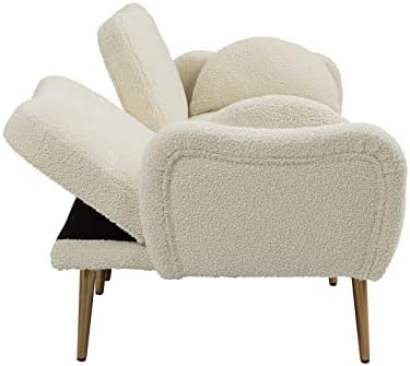 Homtique Teddy Fabric Loveseat & Accent Chair 2 Piece Set, Modern Upholstered Living Room Sofa Set, Convertible Sleeper Sofa and Armchair with Gold Metal Legs, for Bedroom, Apartment, Office, White 5 41CNRhNFaML. AC