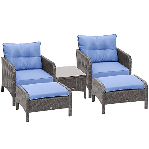 Outsunny 5 Pieces Rattan Wicker Lounge Chair Outdoor Patio Conversation Set with 2 Cushioned Chairs, 2 Ottomans and Tempered Glass Top Coffee Table, Blue -  Aosom LLC, US860-066V02GY0131