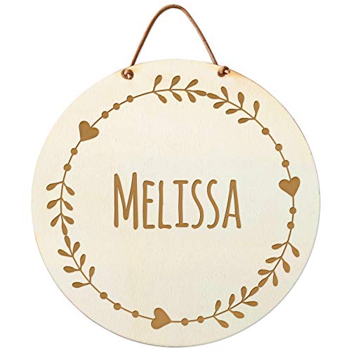 Namensschild Holz personalisiert rund für Baby Kinderzimmer Haustür 20 cm Holzschild Baby mit Gravur Name Datum Garten Hochzeit Motiv Kranz Cover