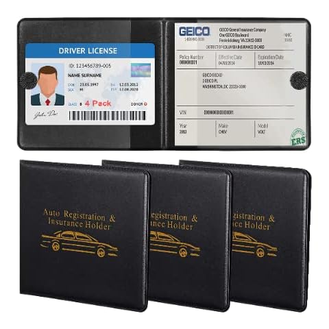 Car Auto Insurance Registration BLACK Document Wallet Holders 4 Pack,Automobile, Motorcycle, Truck, Trailer Vinyl ID Holder & Visor Storage,Necessary in Every Vehicle,4 Pack Set Cover