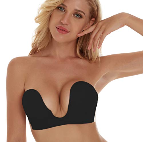 Lovesfay Invisible Bra Backless Strapless Bra Reusable Sticky Boobs Deep Plunge Silicone Push Up Adhesive Bras For Women (A, Black) #TOP3