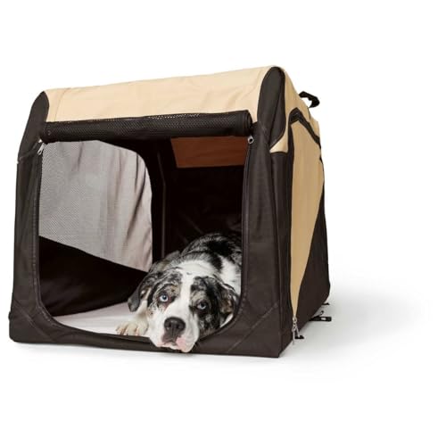 HUNTER faltbare Hundebox, Farbe: beige, faltbar & leicht transportierbar, stabil durch Gestänge & Heringe, Mesh-Fenster für Luft & Sichtkontakt, kuschelige Liegematte waschbar, Größe: L