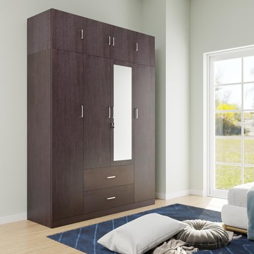 Image of VIKI Wardrobe | Wooden Almirah for Clothes,Door for Bedroom with Loft, 4 Door Wardrobe with Drawer, Mirror & Hanging Space (Dark Wenge - 40D x 160W x 220H) | 1 Year Warranty | Free Assembly