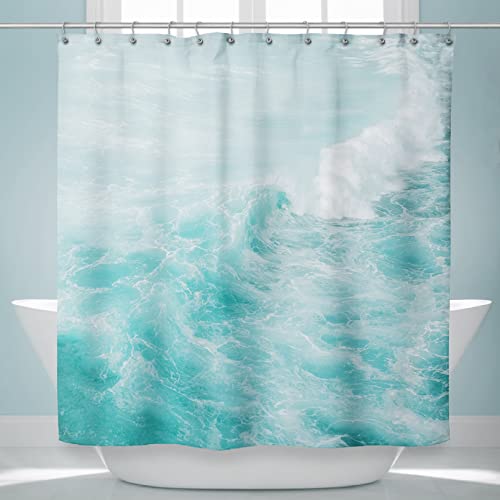 Fablus Teal Ocean Wave Shower Curtain For Bathroom, 72" W X 72" L, Modern Aesthetic Sea Photography Shower Stall Decor, Durable Fabric Shower Curtain With Hooks #TOP3