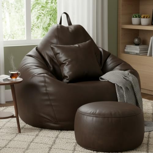 Image of KAM'S LIEU 5XL Premium Leatherette Bean Bag Combo with Footrest & Cushion | Pre-Filled with EPS Beans | Double Stitched | 6 Months Warranty | Brown