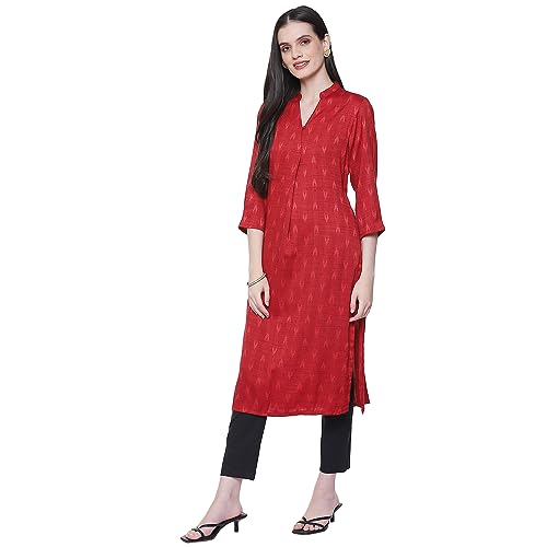 Image of Rangriti Maroon Polyester Straight Yarndyed Kurta for Women