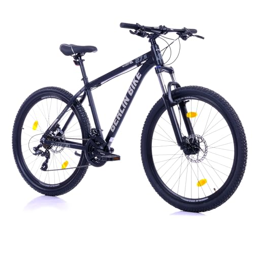 BERLIN BIKE Mountainbike MTB1 – mit komplettem Shimano Set - 21 Gang Shimano FD-TZ500/RD-TY300D, Dacron Hydraulische Scheibenbremsen (schwarz-blau, 27,5 Zoll und 51 cm Rahmenhöhe, Schwarz-Blau)