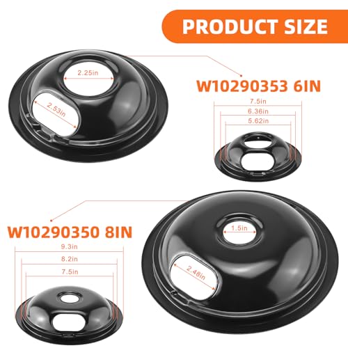 Stove Burner Covers W10288051 Burner Drip Pans -2 Packs 6” W10290353 Black Porcelain Burner Pans and 8" W10290350 Stove Top Covers for Electric Stove by Sikawai