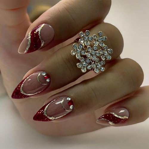 Image of Red French Tip Press on Nails Gold Line Fake Nails with Rhinestone Design Nude Glue on Nails Glossy Artificial Acrylic Full Cover Glitter Stick on Nails Short Almond False Nails for Women Manicure