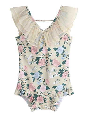 Image of 2026 Premium Girls One Piece Swimsuit, Floral Print Ruffle V-Neck Sleeveless Backless Bathing Suit for Kids