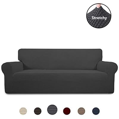 PureFit Stretch Sofa Slipcover – Spandex Jacquard Non Slip Soft Couch Sofa Cover, Washable Furniture Protector with Non Skid Foam and Elastic Bottom for Kids (Sofa, Dark Gray)