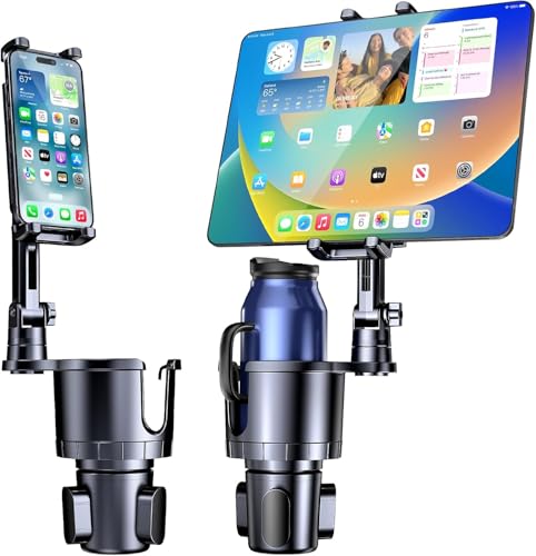 Giftorld Cup Holder Phone Tablet Mount, 2 in 1 Car Cup Holder with Expander Adjustable Long Arm for Car,360°Rotation Phone Tablet Mount Compatible for iPad, All Smartphones and Most Bottles