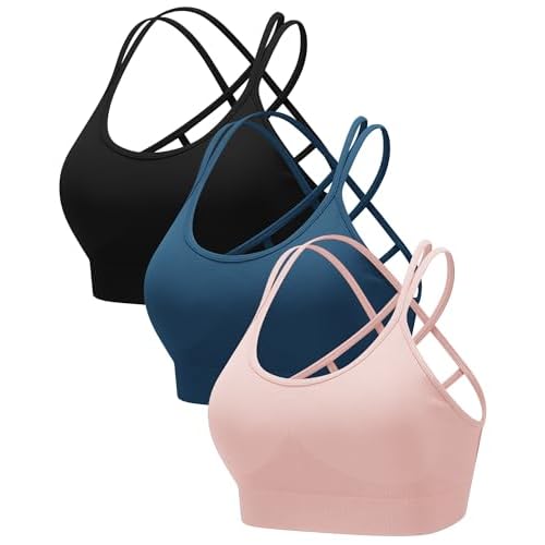 RUNNING GIRL Sports Bras for Women Pack Criss Cross Back Sexy Strappy Sports Bra Seamless Padded Yoga Bra with Removable Cups Small 3pack Black/Navy/Pink