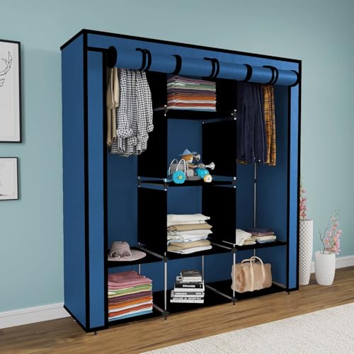 Image of Maison & Cuisine Collapsible Wardrobe Clothes Almira, 2 Hanging Space, 8 Shelves and 2 Side Pocket (Non-Woven Fabric, Metal Rod 90GSM, 112x38x145cm)(88230Blue-N, Blue)