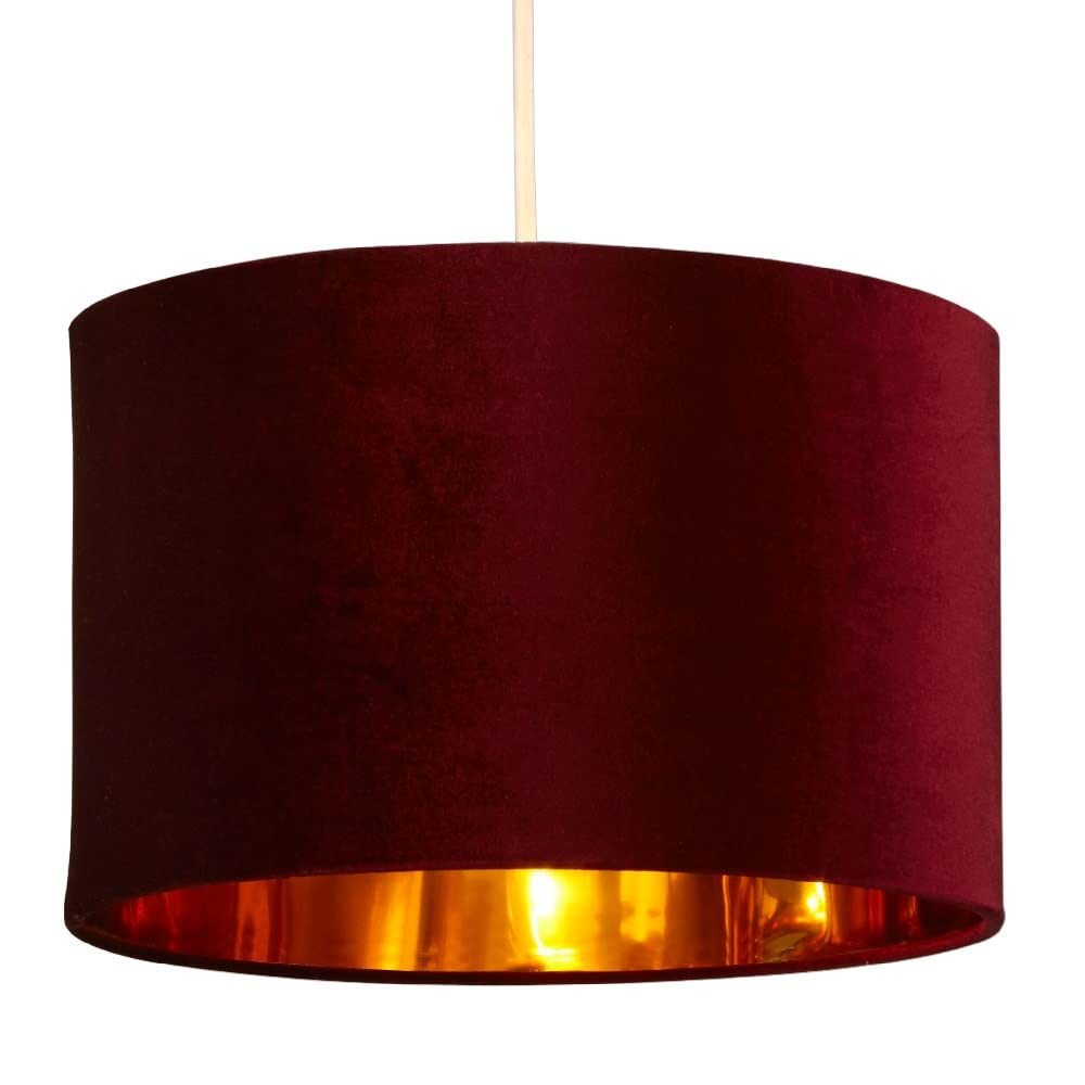 Wine Red Velvet & Gold Inner Modern Easy Fit Round Drum Pendant Shade | 30cm Diameter (12 Inch) | None Electric Shade | Ideal for Pendants & Table Lamps | Fits All Lampholder Types E14 E27 B15 B22