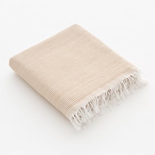 GAMUSI Fouta Pareo Serviette de plage, légère, motif nid d'abeille, 90 x 180 cm, Beige