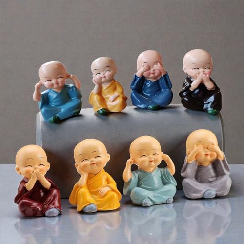Image of Oblivion Buddha Monk Figurine Set - Multicolour Resin Decorative Showpiece with Traditional Straw Hats for Unique Gift, Home Decor, Indoor /Outdoor Garden, Car Dashboard (Buddha Without Cap)