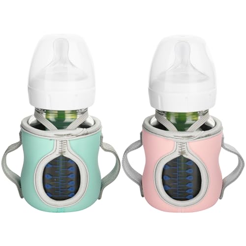 Beautyflier Glass Baby Bottle Sleeve Covers for Dr. Brown's Natural Flow Anti-Colic Wide-Neck Glass Baby Bottles, 3.3mm Thicken Heat and Cold Retention Baby Bottle Sleeve (Pink + Green, 5oz/150 mL)