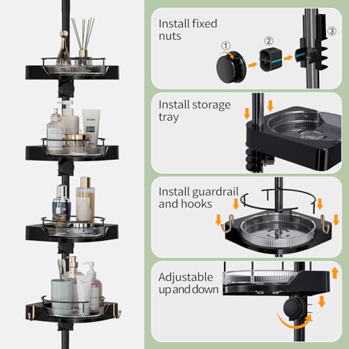 Image of akinbas 360 Rotating Shower Caddy Tension Pole with 4-Tier Rustproof Lazy Susan 35-128 Inch No Drilling Coner Shelves Adjustable Shower Rack for Bathroom Bathtub Washbasin Plant Storage (Black)
