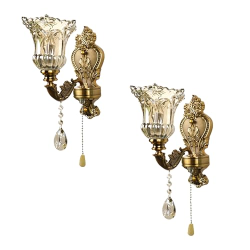 Image of Vintage Wall Sconce Set of 2, Antique Brass Wall Light with Pull Chain On /Off Switch, Elegant Wall Mounted Lamp with Crystal Bedside Wall Lamp for Entrance, Bedroom, Hallway