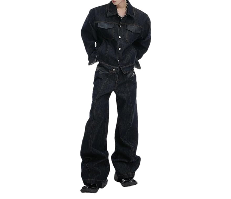 Pohullan Men Denim Sets Pu Leather Patchwork Solid Lapel Single Breasted Coats Straight Leg Jeans4