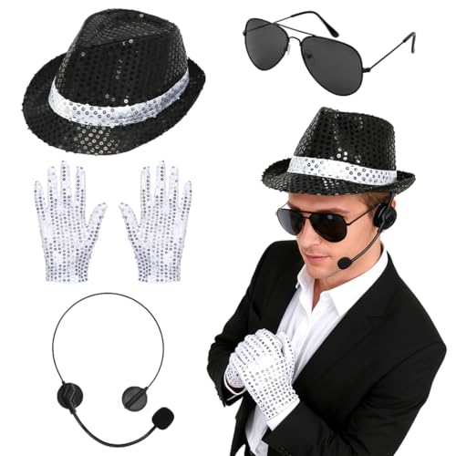 Meleager Accesorios de Disfraz Adulto, Disfraz de Purpurina para Hombre, 4 Piezas Disfraces de Rapero Carnaval con Sombrero, Guantes, Gafas, Micrófono Falso, para Halloween y Carnaval