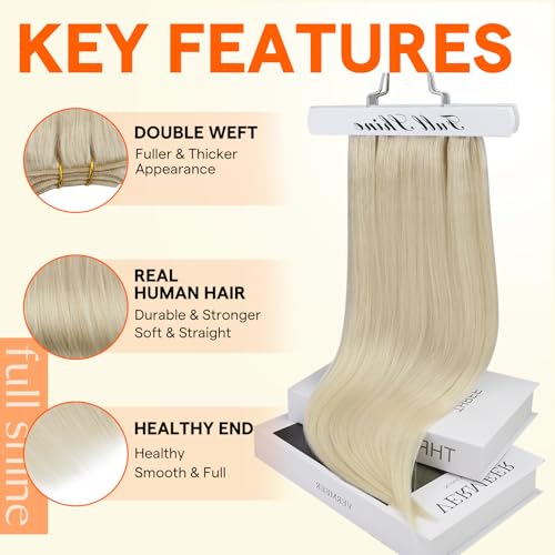Image of Full Shine Weft Hair Extensions Human Hair 16 Inch 105G Platinum Blonde | Sew In Extensions, Remy Straight Hair, Blonde extensions, Real Hair For Women, Date Night Styling