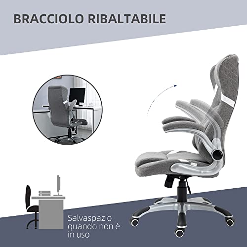 Sedia da Ufficio Ergonomica con Braccioli Ribaltabili e Poggiatesta, Sedia Scrivania Girevole con Supporto Lombare, Altezza Regolabile e Funzione Dondolo in Tessuto per Studio, Grigio - Sedia gaming - Immagine 6