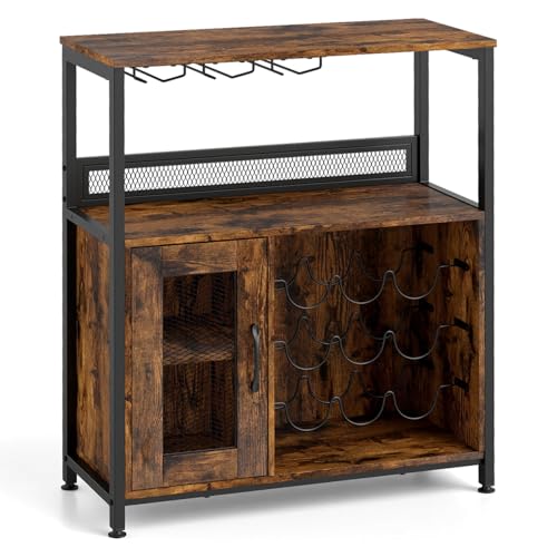 TANGZON - TANGZON Wine Bar Cabinet, Mesh Door Drinks Storage Sideboard with Wine Rack, Glass Holder and Removable Shelf, Freestanding Cupboard Unit Organizer for Home Kitchen