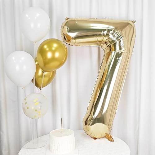 Image of 40 Inch Light Gold 7 Number Balloons Large Champagne Gold Number | White Gold Giant 7 Foil Mylar Helium Digital Balloon for 7th or 7st Anniversary Party Decorations Supplies