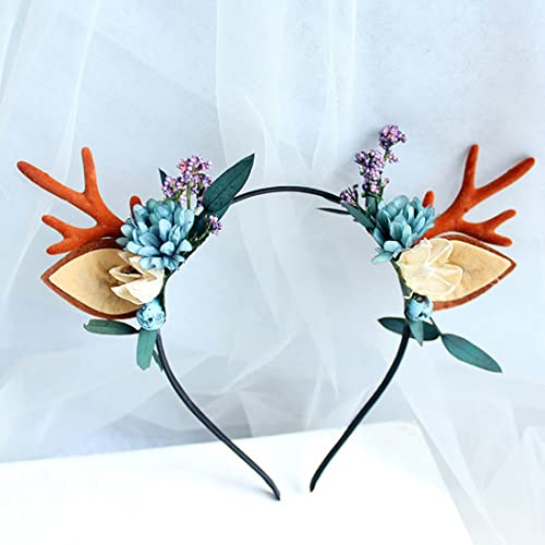 Daterkey Christmas Head with Deer Horn Blueberry Hair Hood Elk animal Horn Hair Hood Children's Party Christmas Gift Accessories (A) Cover