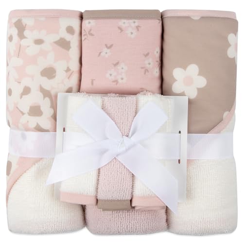 Image of Jessica Simpson 6 Piece Printed Hooded Bath Towel and Washcloth Set for Infant, Newborns and Toddlers 3 – 24 Months for Bath Time, Showers, Lounge, Beach and Pool