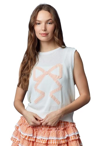 Hey Sweetie Women's Gingham Bow Sweater Vest – Back Tie Detail – Sleeveless Knit Pullover Top