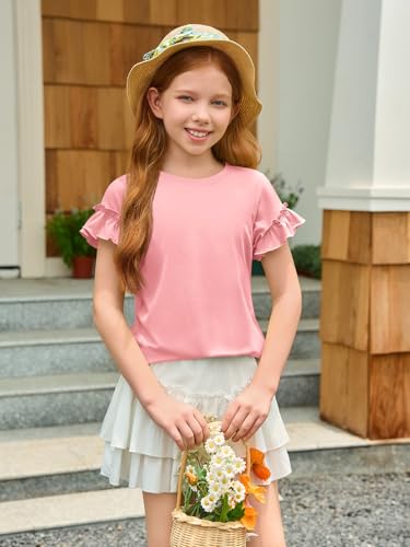 Image of Haloumoning Girls Ruffle Short Sleeve T Shirts Kids Summer Crewneck Tops Cute Tees Blouse 5-14 Years