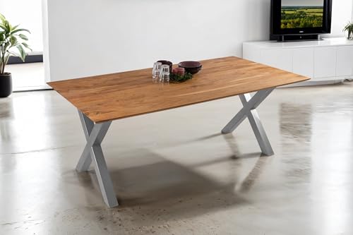 SAM Esstisch 180 x 90 cm Dean, Massivholztisch Eiche, Schweizer Kante, Esszimmertisch mit X-Gestell aus Metall Silber, pflegeleichter Holztisch