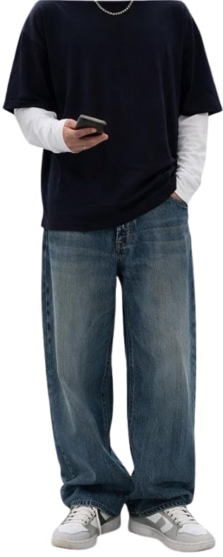 Image of Baggy Fit Denim Jeans for Men, Mid Rise Loose Fit Wide Leg Blue Washed Trousers for Casual Streetwear, Travel, College, Weekend Outings and Everyday Use