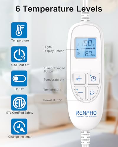 RENPHO Heating Pad for Neck and Shoulders and Back Pain Relief, Christmas Gifts for Women Men Mom, FSA Eligible HSA Store, 24"x33" Weighted Electric Large Heat Pad, Auto Shut Off, ETL Certified, Blue - Image 5