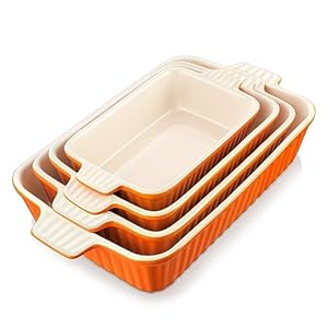 MALACASA Bakeware Set of 4, Porcelain Baking Pans Set for Oven, Casserole Dish, Ceramic Rectangular Baking Dish Lasagna Pans for Cooking Cake Kitchen, Orange(9.4″/11.1″/12.2″/14.7″), Series Bake.Bake
