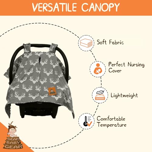 Image of Dear Baby Gear - 40x30 Car Seat Canopy, Infant Carrier Cover for Boys & Girls, Cozy Fall Baby Shower Gift, Nursing & Stroller Use, Newborn Travel Sunshade Accessory, Antlers on Grey, Black Dot