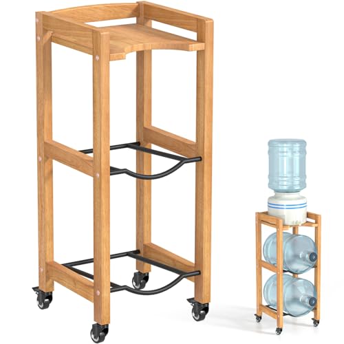3-Tier 5 Gallon Water Jug Holder with Top Shelf – 4 Metal Wheels or Adjustable Feet – Natural Hardwood Water Dispenser Floor Stand – Wooden Organizer for Kitchen, Office, Garage – Space-Saving Design.