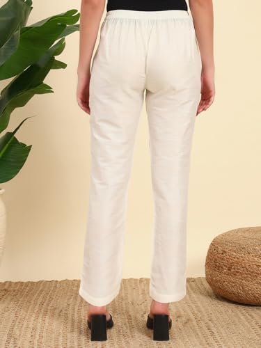 Image of Vogaan Women's Cotton Silk Pant | Half-Elasticated Waist Slim Fit Trouser for Women | Casual Pocket Pants for Office Formal Daily Use