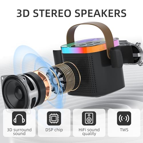 DRSYXCS Mini Karaoke Maschine mit 2 Mikrofones, Kreative Musik Lautsprecher mit Mic Halter für Kinder Erwachsene mit LED-Licht und Stimme Wechselnde Effekte Geschenke Spielzeug für 3-12 Jahre