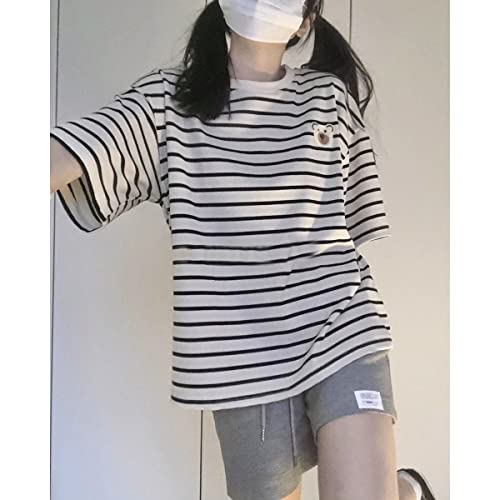 Vintage Striped T-Shirt Girls Cartoon Graphic Cute Tops Crew Neck Basic Short Sleeve Loose Fit Tee Shirts2